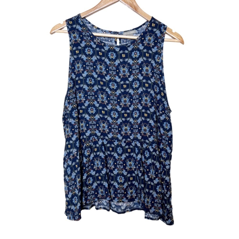 NWT Falls Creek Womens Sleeveless Floral Print‎ Tiered Tank Top Blue Yellow